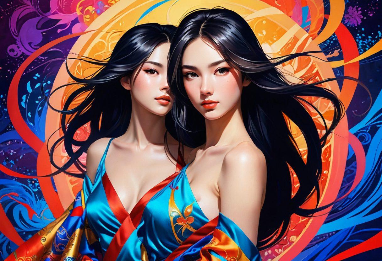 An evocative scene combining elements of traditional and modern anime art, featuring a captivating female character with flowing hair, set against a vivid backdrop of abstract shapes intertwining with sensual motifs. The character is playfully engaging with artistic tools like paintbrushes and pens, exuding confidence and allure. Lush colors and subtle erotic undertones reflect the mix of art and sensuality inherent in the theme. Incorporate a mix of soft and bold lighting to accentuate the figure and background. super-realistic. vibrant colors. painting.